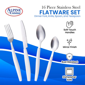 ALPINE CUISINE Flatware Set 16 Piece Service for 4, Stainless Steel Flatware Cutlery Set Includes Dinner Knives/Forks/Spoons - Great for Camping or College Dorms - Dishwasher Safe