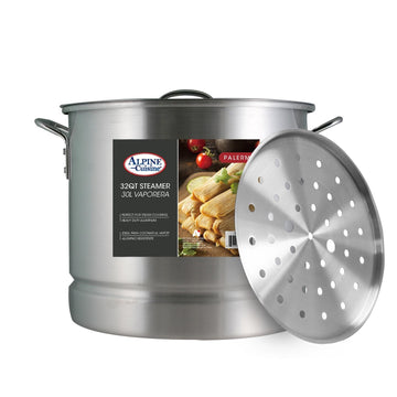 Alpine Cuisine Aluminum Steamer Stock Pot 3pc Set with Cooking Pot Lids 32 Quart | Multi-Tier Steaming Large Capability | Ergonomically Designed Handles for Safety | Easy to Use & Effortless Clean