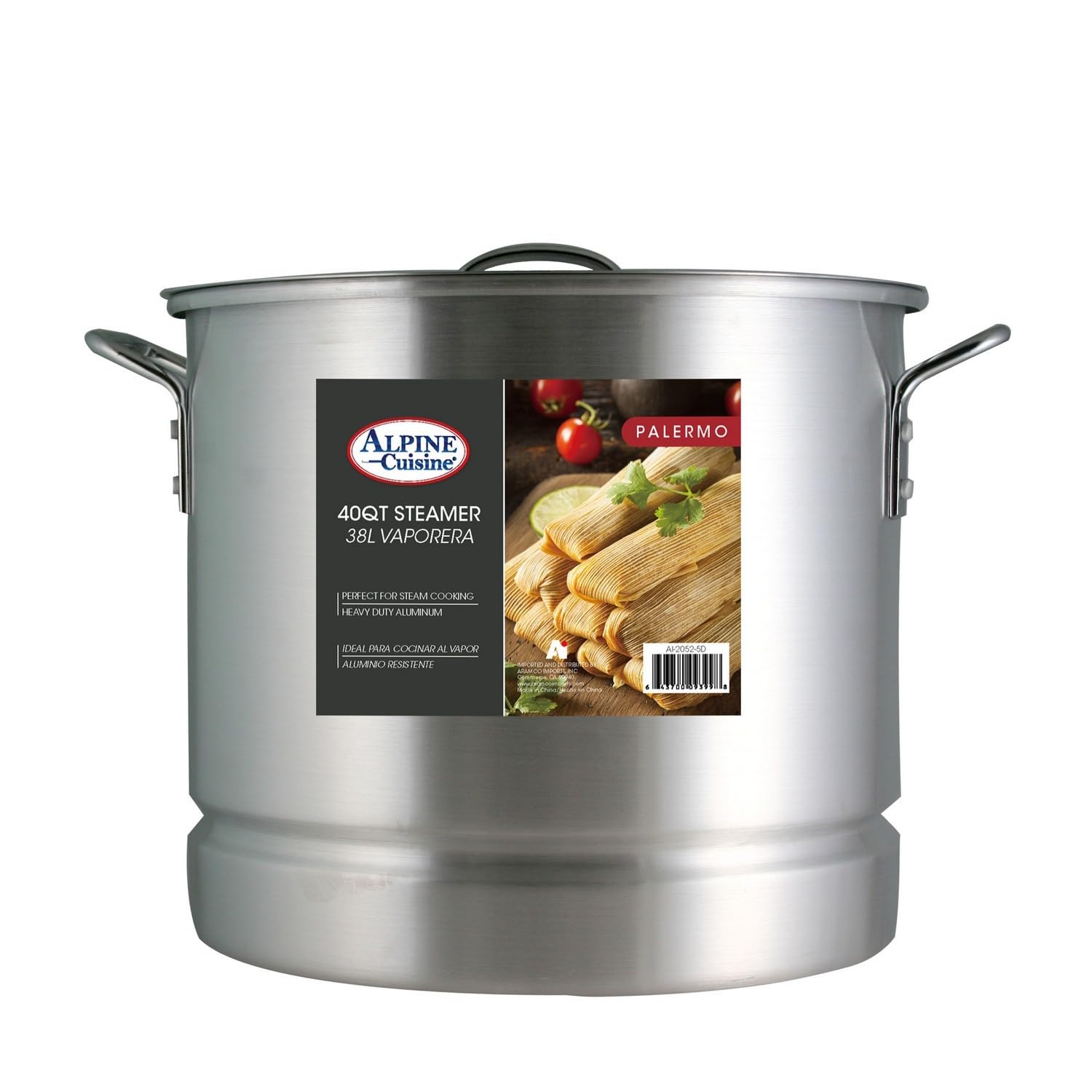 Alpine Cuisine Aluminum Steamer Stock Pot with Cooking Pot Lids 40 Quart | Durable Multi-Tier Steaming Large Capability | Ergonomically Designed Handles for Safety | Easy to Use & Effortless Clean