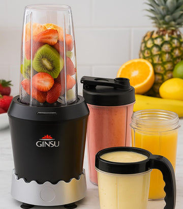 GINSU 7 pcs Personal Blender 1000W with Stainless Steel Blades 10, 18 & 24oz BPA Free Travel Cups Black