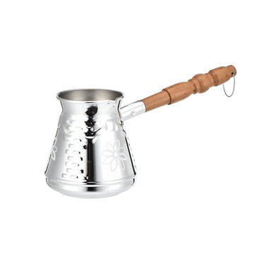 Alpine Cuisine Turkish Coffee Maker 350 ml - Stainless Steel Cezve with Heat-Resistant Wooden Handle, Stovetop Briki Pot for Espresso & Butter Melting, Mirror Polished