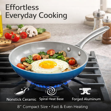 Alpine Cuisine 8-Inch Forged Aluminum Fry Pan – Gray Ceramic Nonstick Coating, Durable Skillet with Stainless Steel Handle, Even Heat Distribution, Ideal for Eggs, Omelets & Small Meals