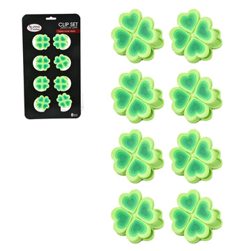 Alpine Cuisine Set of 8 Plastic Snack Clips, Clover Heart Shape Bag Sealer, Reusable Food Storage Grips for Chips and Snacks, Green