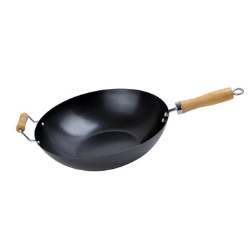 Alpine Cuisine 13.5" Carbon Steel Wok with Wooden Handle – Non-Stick Stir Fry Pan for Authentic Asian Cooking, Black