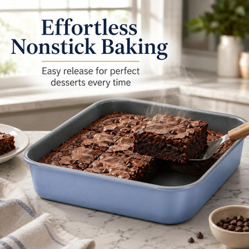 Alpine Cuisine 8 Inch Square Cake Pan with Gray Nonstick Coating,Durable Steel Baking Pan for Brownies, Cakes, Lasagna & Roasting, Easy Release & Easy Clean Bakeware,Chambray Blue