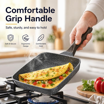 Alpine Cuisine Omelette Pan 6x7 Inch with Spatula, Nonstick Marble Ceramic Coated Aluminum Fry Pan, Wood Handle, Egg Pan for Easy Cooking & Cleaning