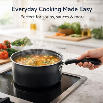 Hamilton Beach 2.3 Qt Nonstick Saucepan with Lid, 2.5mm Aluminum Pot, Soft-Touch Handle, Gray & Black, Even Heat Cooking Sauce Pan for Kitchen