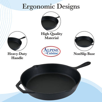 Alpine Cuisine Pre-seasoned Cast Iron Frypan 12-Inch - Black Cast Iron Frypan - Durable, Heavy Duty Cooking Pans - Multipurpose Use Kitchen Pans