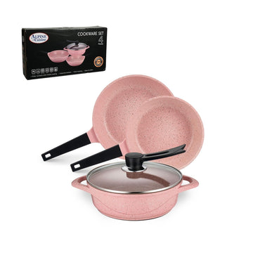 ALPINE CUISINE Die-Cast Aluminum 4-Piece Cookware Set – Pink with Marble Ceramic Coating, Dutch Oven, Fry Pans, Glass Lids