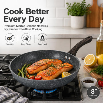 Alpine Cuisine 8-Inch Aluminum Forged Fry Pan, Gray Marble Ceramic Nonstick Coating, Wood-Look Handle, Even Heat Skillet for Healthy Cooking