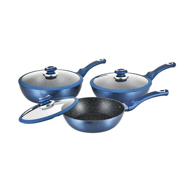 Alpine Cuisine 6-Piece Forged Aluminum Deep Fry Pan Set with Glass Lids, Nonstick Marble Coating, Induction Bottom, Blue