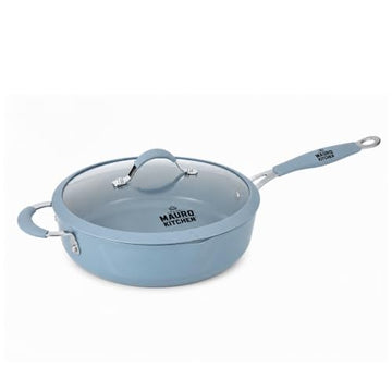 Mauro Kitchen 11" Nonstick Ceramic Saute Pan with Silicone Lid Rim – Forged Aluminum Deep Skillet with Cool-Touch Dual Handles & Pour Spouts, Blue