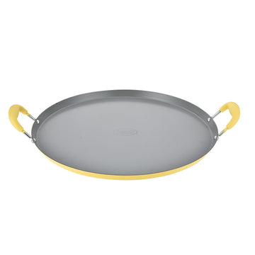 Alpine Cuisine 14-Inch Round Comal Griddle Pan, Ceramic Nonstick Carbon Steel for Tortillas & Crepes, Matte Gray with Lemon Drop Yellow Handles