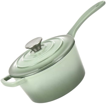 Hamilton Beach Enameled Cast Iron Sauce Pan 2-Quart Sage, Cream Enamel coating, Pot For Stove top and Oven Cooking, Even Heat Distribution, Safe Up to 400 Degrees, Durable