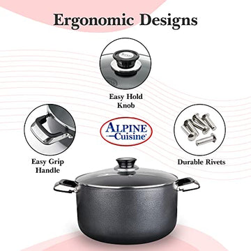 Alpine Cuisine 24 Quart Non-stick Stock Pot with Tempered Glass Lid and Carrying Handles, Multi-Purpose Cookware Aluminum Dutch Oven for Braising, Boiling, Stewing