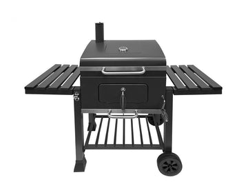 Alpine Cuisine Portable Charcoal Grill, Outdoor Rolling BBQ with Wheels, Black Steel Barbecue Smoker with Side Tables & Storage Shelf | 55.1" x 26" x 47.6"