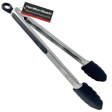 Hamilton Beach Stainless Steel 12in Food Tong with Silicon Top, Serving Tongs for cooking, Spaghetti Spoon with Non-Stick Silicone Tips, Multi-functional Gripper for Cooking, BBQ, & Grilling – Black