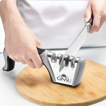 GINSU Knife Sharpener 9in, Quick & Easy Sharpening Rods, Non-Slip Handle, Heavy-Duty Stainless Steel System for Kitchen Blades