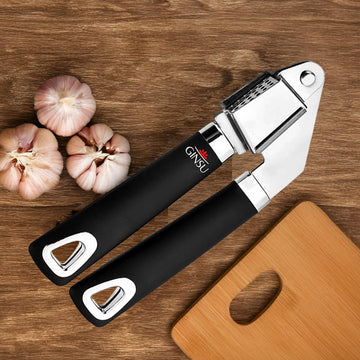 GINSU Professional Garlic Mincer & Crusher, 7.5in, Ergonomic Black TPR Handle, Premium Stainless Steel, Rust-Proof, Dishwasher Safe