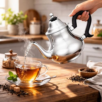 Alpine Cuisine 1.3L Stainless Steel Teapot - Mirror Polished Tea Server with Heat-Resistant Handle, Elegant Silver Steeping Pot for Loose Leaf & Tea Bags, Home & Kitchen Decor
