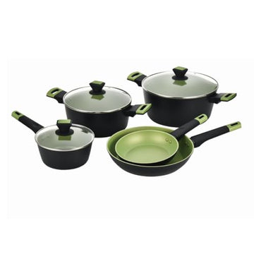 Alpine Cuisine 8-Piece Forged Aluminum Nonstick Cookware Set with Glass Lids, Induction-Ready Pots & Fry Pans, Soft-Touch Handles, Green