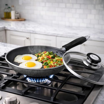 Alpine Cuisine 10-Inch Aluminum Fry Pan with Bakelite Handle & Glass Lid – Nonstick Skillet for Gas & Electric Stovetops, Durable Lightweight Cooking Pan