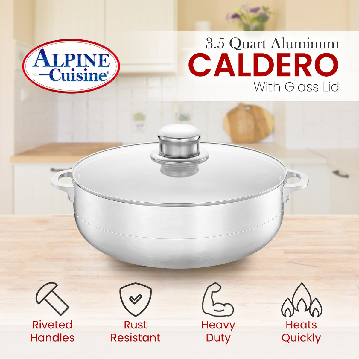 Alpine Cookware Alpine Cuisine 3-Quart Aluminum Caldero Stock Pot with Glass Lid, Cook