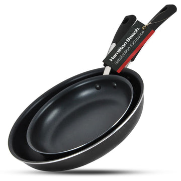 Hamilton Beach Nonstick Aluminum Fry Pan Set (9.5" ,12")- Spiral Bottom - Flared Edge and Scratch Resistant Pan - Soft Touch Bakelite Handle, Suitable for Kitchen Pans, Dishwasher Safe
