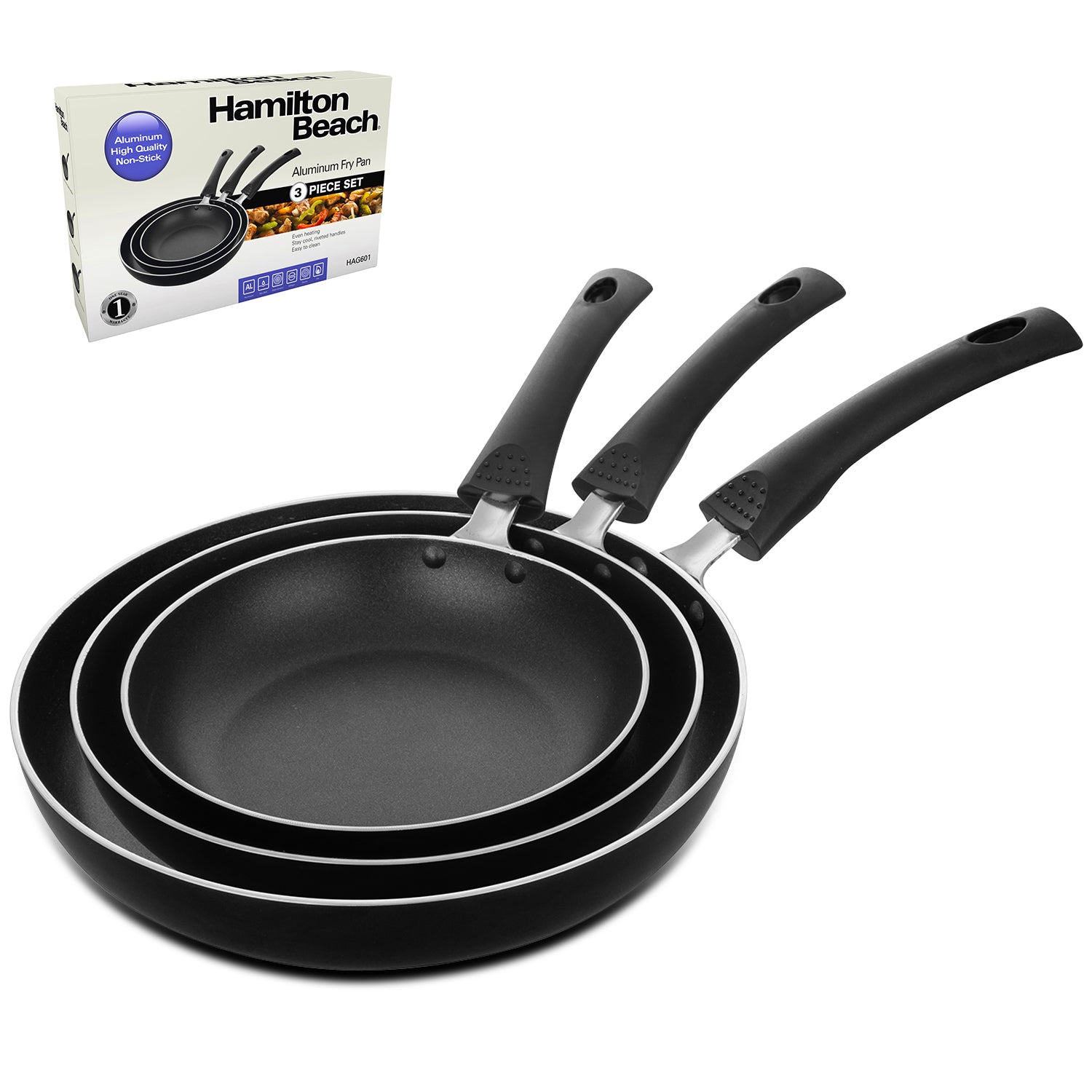 Hamilton Beach Aluminum Fry Pan 3pc Set 8, 9.5 & 11 Inch with Riveted Fixed Handle, Nonstick Coating & Color Box Packing, Suitable for Searing, SautÃ©ing & Reheating, Easy to Clean & Heat Resistance