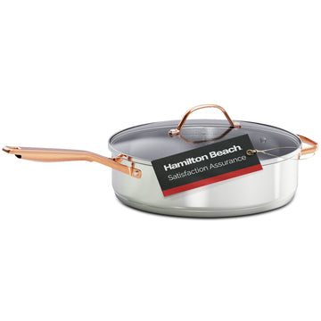 Hamilton Beach Stainless Steel Sauce Pan 2 Qt with PVD Rose Gold Stainless Steel Comfortable Handle Glass Lid, Color Box Packing & Heat-Resistance, Kitchen Sauce Pan Multipurpose Use & Easy to Clean