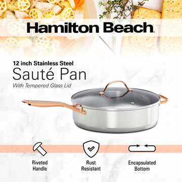 Hamilton Beach Stainless Steel Sauce Pan 2 Qt with PVD Rose Gold Stainless Steel Comfortable Handle Glass Lid, Color Box Packing & Heat-Resistance, Kitchen Sauce Pan Multipurpose Use & Easy to Clean