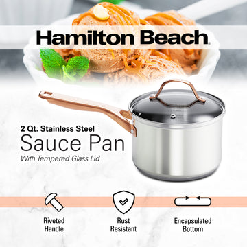 Hamilton Beach Stainless Steel Sauce Pan 2 Qt with PVD Rose Gold Stainless Steel Comfortable Handle Glass Lid, Color Box Packing & Heat-Resistance, Kitchen Sauce Pan Multipurpose Use & Easy to Clean