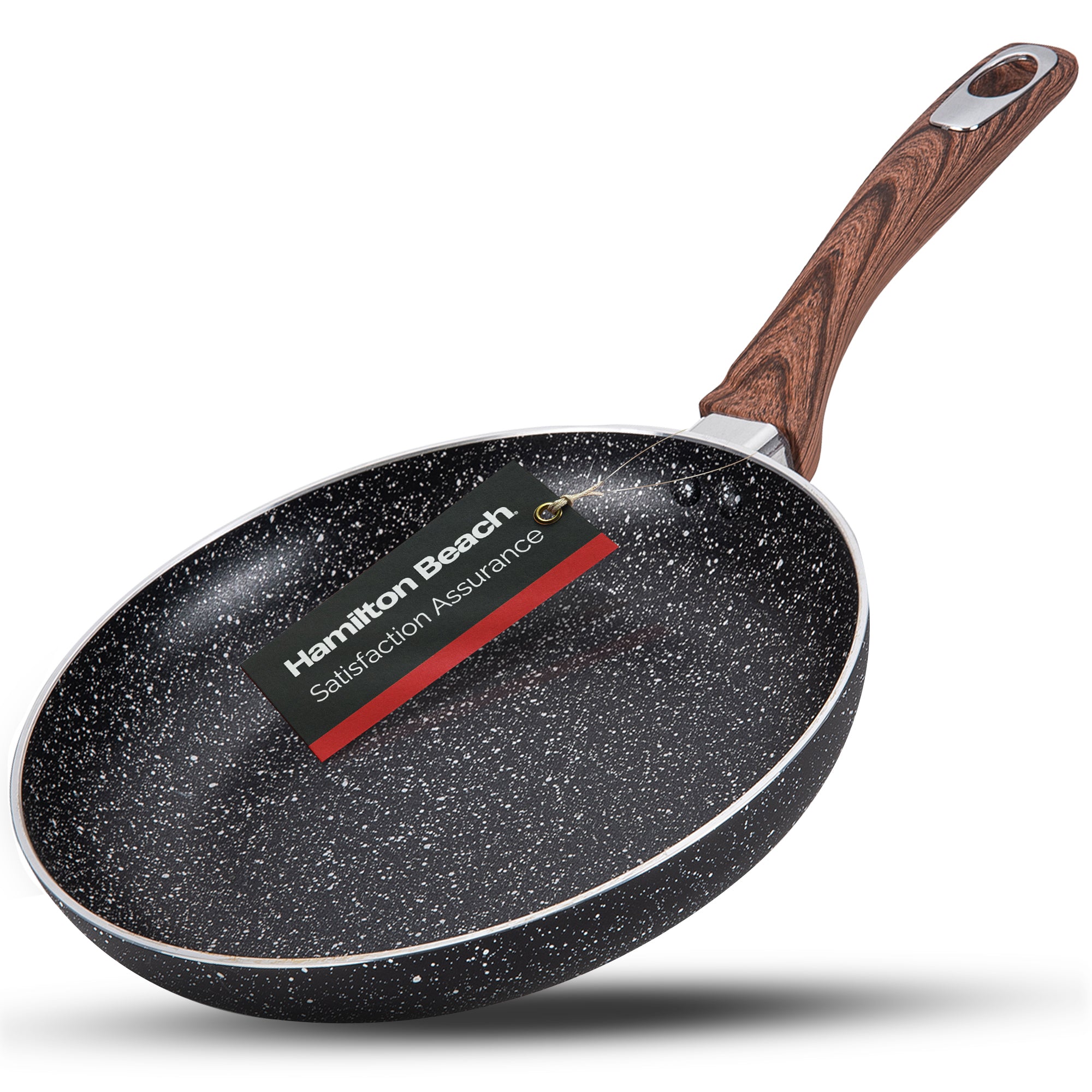 Hamilton Beach Fry Pan Aluminum 10-Inch, Nonstick with Marble Coating, Wood like Soft Touch Handle, Non-Stick Granite Fry Pan Egg Pan Omelet Pans, Stone Cookware Chef's Pan, PFOA Free Induction Bottom