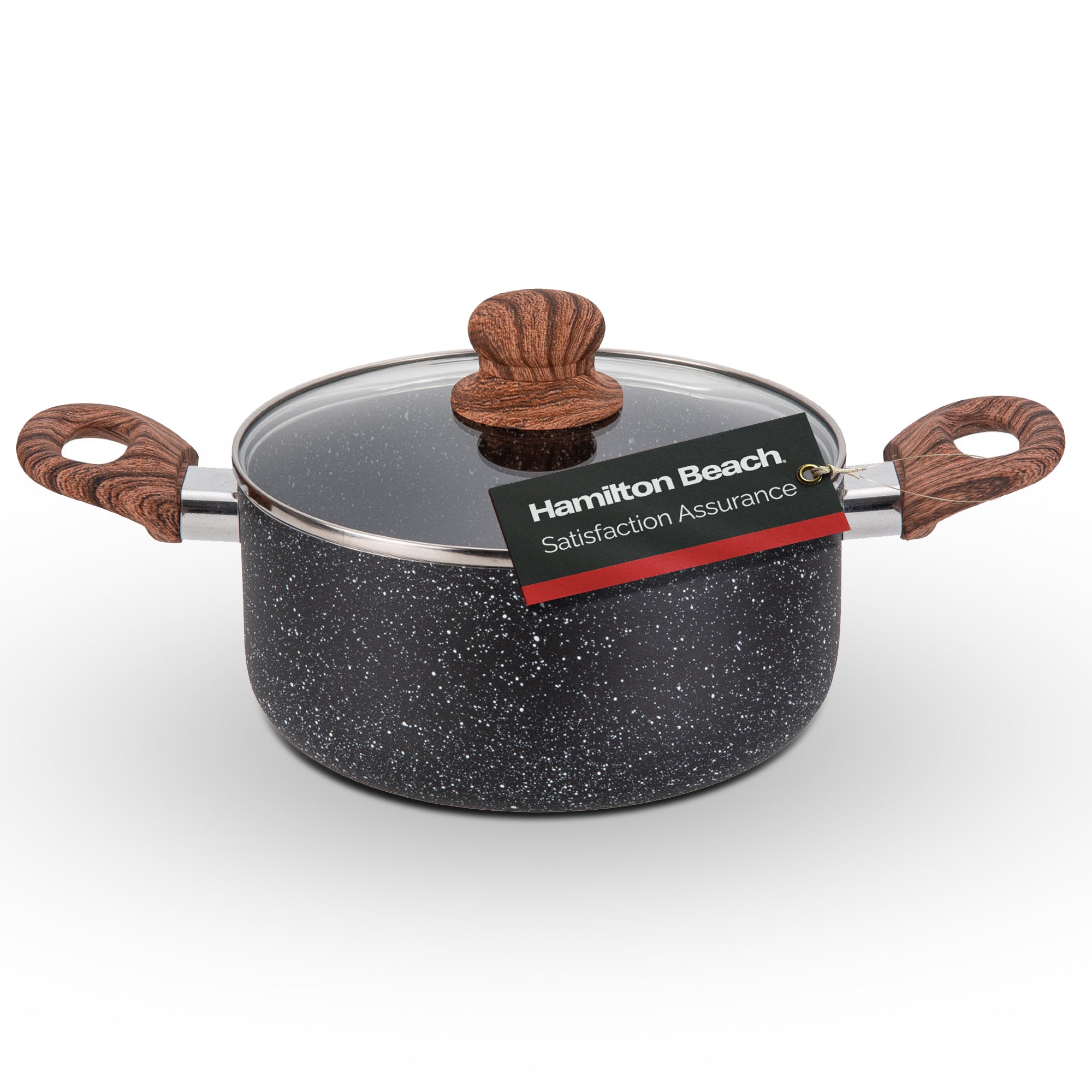 Hamilton Beach 3 Quart Aluminum Nonstick Marble Coating Even Heating Round Dutch Oven Pot with Glass Lid and Wooden Like Soft Touch Handle, Dutch Oven Pot for Baking, Braising, Roasting, and More