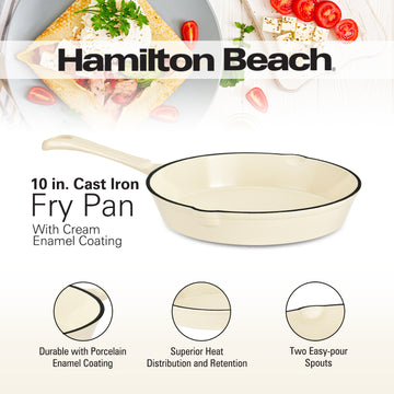 Hamilton Beach Enameled Cast Iron Fry Pan 10-Inch Gray, Cream Enamel coating, Skillet Pan For Stove top and Oven, Even Heat Distribution, Safe Up to 400 Degrees, Durable and Dishwasher Safe