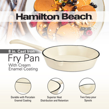 Hamilton Beach Enameled Cast Iron Fry Pan 8-Inch Gray, Cream Enamel coating, Skillet Pan For Stove top and Oven, Even Heat Distribution, Safe Up to 400 Degrees, Durable and Dishwasher Safe