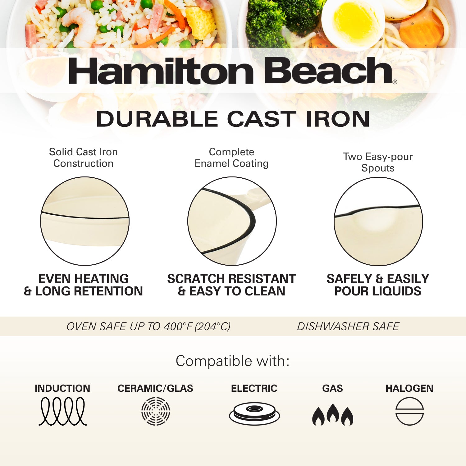 Hamilton Beach Enameled Cast Iron Sauce Pan 2-Quart Gray, Cream Enamel  coating, Pot For Stove top and Oven Cooking, Even Heat Distribution, Safe  Up to