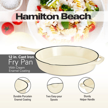 Hamilton Beach Enameled Cast Iron Fry Pan 12-Inch Gray, Cream Enamel coating, Skillet Pan For Stove top and Oven, Even Heat Distribution, Safe Up to 400 Degrees, Durable and Dishwasher Safe