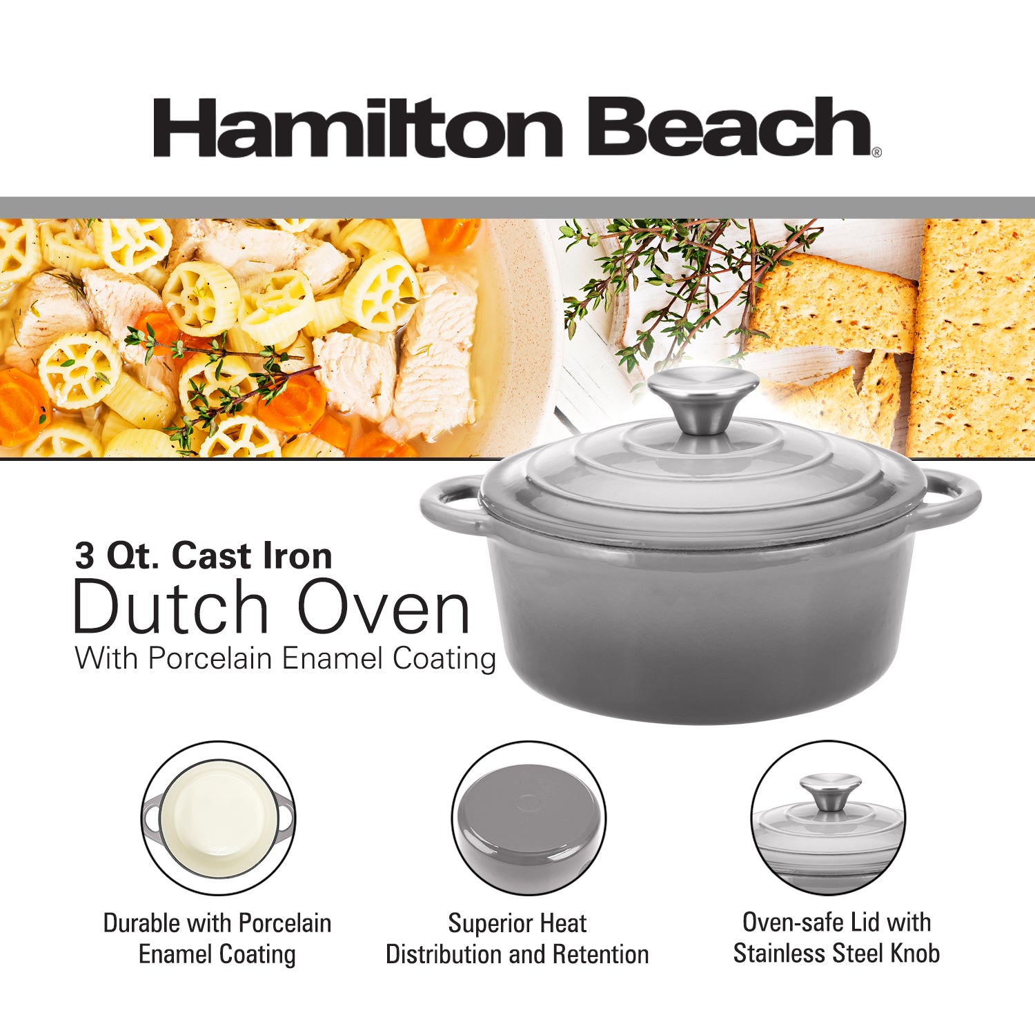 Hamilton Beach 3 Quart Dutch Oven Pot – Nonstick Marble Coating, Glass Lid (Oven & Stovetop Safe)