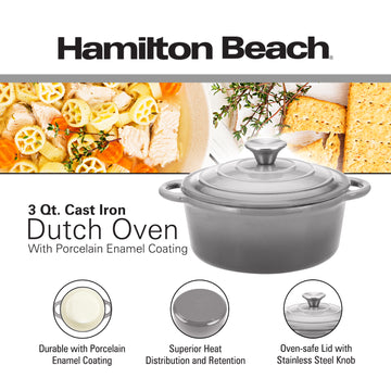 Hamilton Beach Enameled Cast Iron Dutch Oven Gray (3-Quart) | Cream Enamel Coating Dutch Oven Pot with Lid | Cast Iron Dutch Oven with Even Heat Distribution | Easy Grip to Handles & Multipurpose