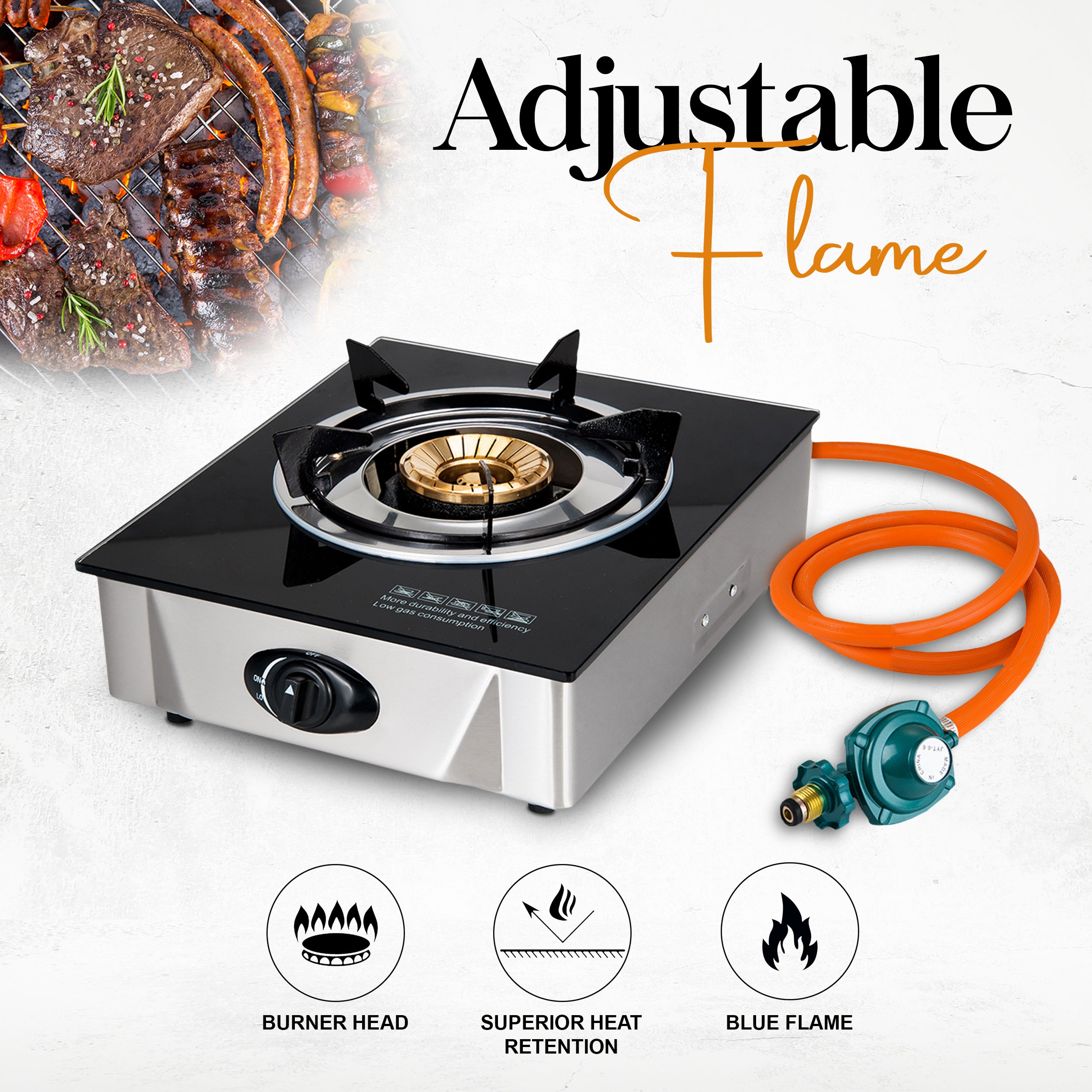 Alpine Cuisine Low Pressure Gas Single Burner with Hose Regulator Kitchen Equipment Camping Burner Perfect for Home Cooking Outdoor Gas