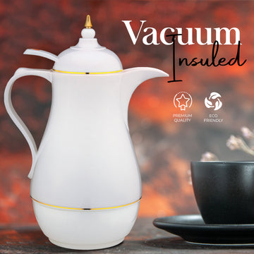 Alpine Cuisine Plastic Vacuum Flask 1L Thermal Coffee Carafe | Double Wall Thermos Vacuum Insulated Flask | Water Coffee and Hot Beverage Dispenser | Easy to Use and Clean | White and Gold Rim