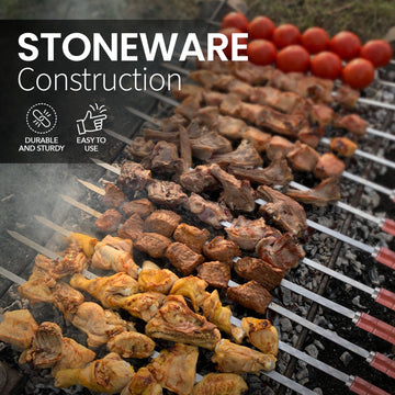 Alpine Cuisine Stainless Steel Barbecue Skewers 6pc Set with Comfortable Grip Nonslip Wooden Handle - Flat Skewer Heavy Duty Reusable &  Rust Resistant - Chicken & Beef Skewers - Easy to Clean