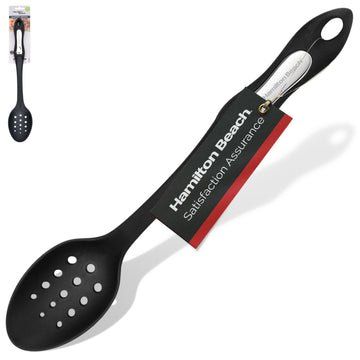 Hamilton Beach Cooking Slotted Spoons, Non-Stick Cookware, Comfortable Soft & Durable Plastic Handle, Seamless, Rustproof, Heat Resistant Serving Spoons, Ergonomic Design, Size (14.5in Black)