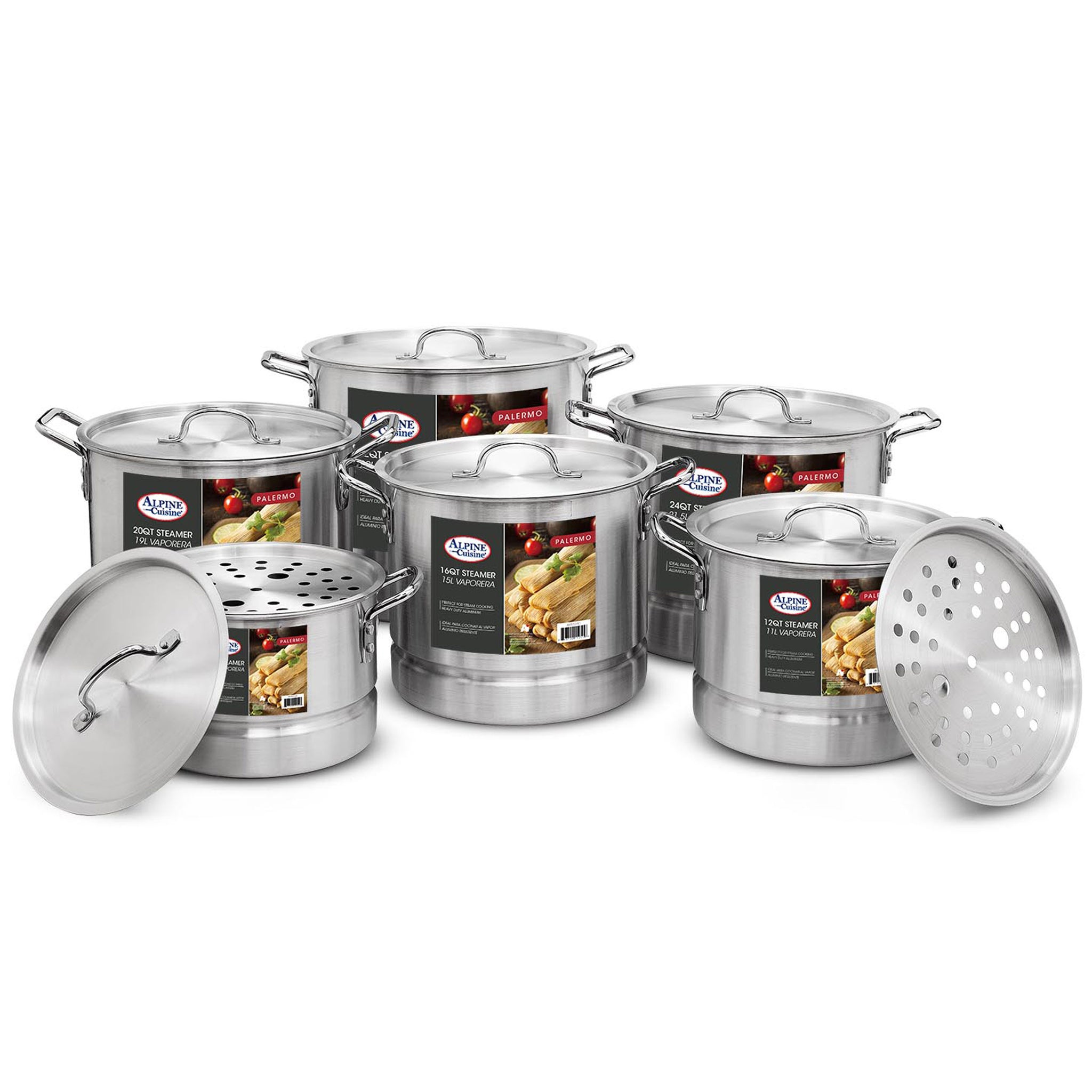 Alpine Cuisine Aluminum Steamer Stock Pot 18pc Set with Cooking Pot Lids 8, 12, 16, 20, 24, 32 Quart | Multi-Tier Steaming Capability | Ergonomically Designed Handles for Safety | Easy to Use & Clean