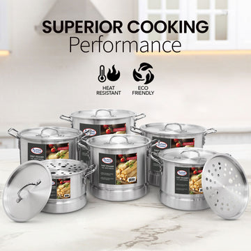 Alpine Cuisine Aluminum Steamer Stock Pot 18pc Set with Cooking Pot Lids 8, 12, 16, 20, 24, 32 Quart | Multi-Tier Steaming Capability | Ergonomically Designed Handles for Safety | Easy to Use & Clean