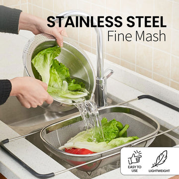Alpine Cuisine Stainless Steel Over the Sink Colander 14x9.5 In with Expandable Handle Food Preparation | Space-Saving Kitchen Tools for Pasta Vegetables Fruits Cooking | Easy to Clean & Use