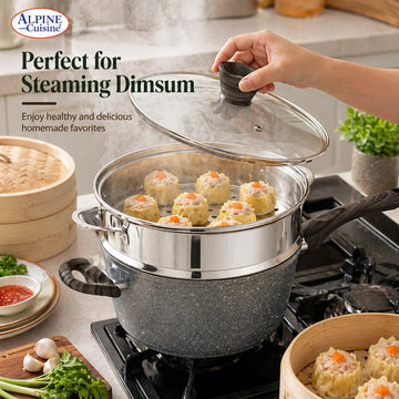 Alpine Cuisine 4.5 Qt Aluminum Forged All-in-One Pan Set, Gray Marble Ceramic Nonstick Coating, Glass Lid & Strainer Insert, Wood-Look Handles, Multipurpose Saucepan for Boiling, Steaming & Cooking