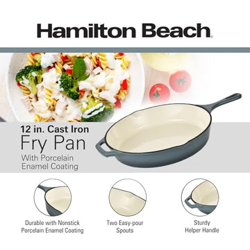 Hamilton Beach Enameled Cast Iron Fry Pan 12-Inch Slate, Cream Enamel Coating, Skillet Pan For Stove top and Oven, Even Heat Distribution, Durable