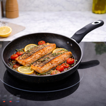 Aramco Imports Inc Alpine Cuisine 8-Inch Forged Aluminum Fry Pan – Nonstick Marble Coating, Induction Bottom, Heat-Resistant Silicone Handle, Black Skillet for Gas, Electric & Induction Cooktops